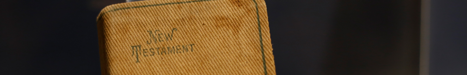 Cropped close-up of a small canvas-bound book with 'New Testament' printed on the cover.