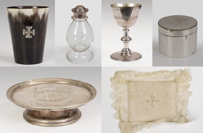 Collage of six modern photographs of communion artifacts: a tarnished silver cup engraved with a cross; a blown glass ewer; a silver chalice; a round silver container; a round silver plate on a pedestal; a linen cloth trimmed with lace and embroidered with a cross.