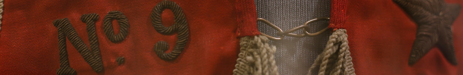 Cropped close-up of a red stole trimmed with gold-colored fringe. A five-point star and 'No. 9' are embroidered on the stole.